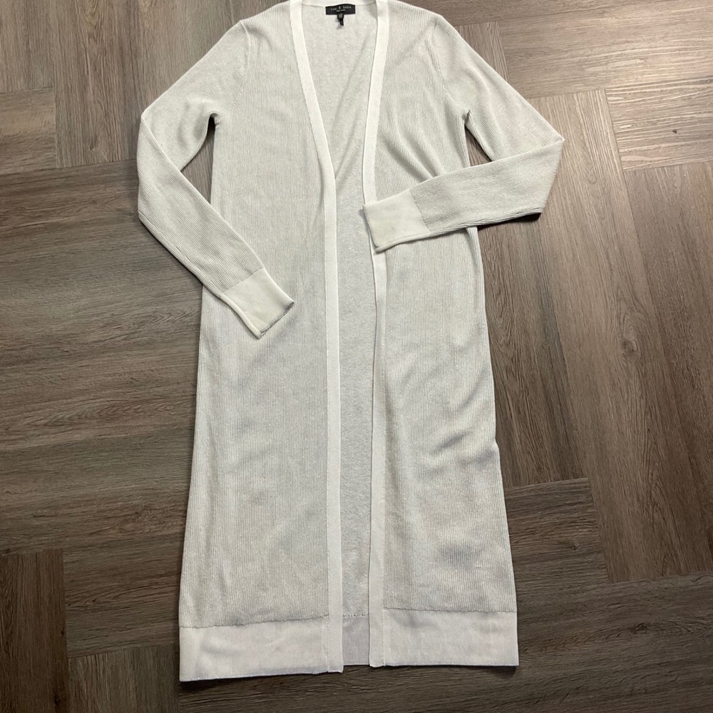Rag & Bone Duster Cardigan Womens XS Metallic Silver Cashmere Blend Open Ribbed